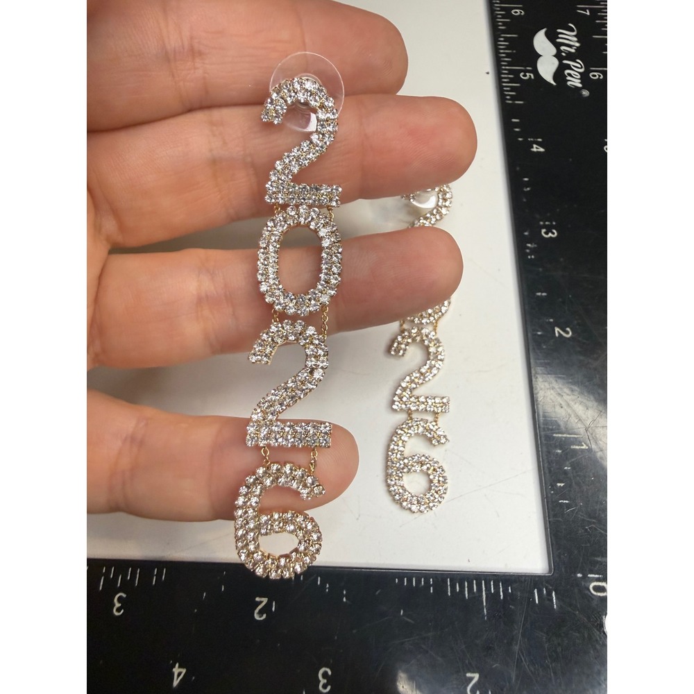 Rhinestone 2026 Drop Earrings Gold Tone Crystal Graduation New Year Statement